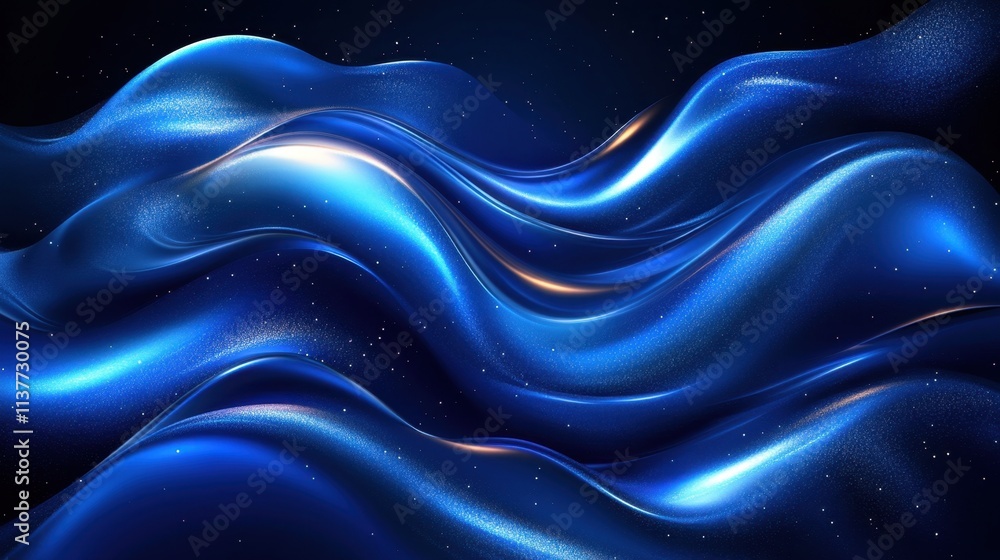 Poster shimmering blue waves with sparkling particles in a dark background