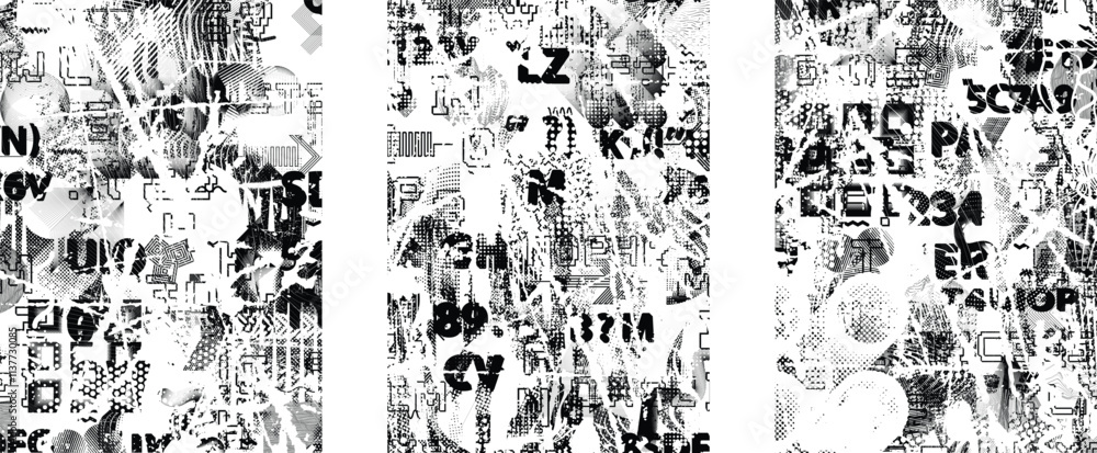 Aufkleber Set of glitch distorted grunge overlay textures. Collection of overlaying textures with halftone dots, scratches and lines .Screen print vector layers pack. Overlays with grunge textured surface
