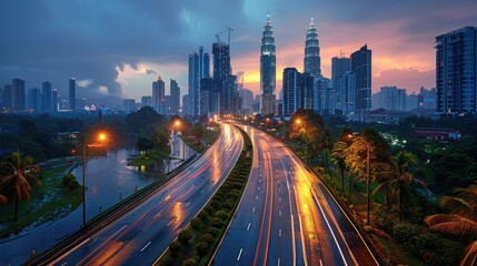 Obraz premium City skyline at sunset, highway traffic light trails.