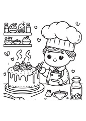 Boy cooking birthday cake coloring page design 