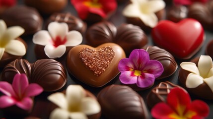 Fototapeta premium Assorted Chocolate Candies Decorated With Flowers