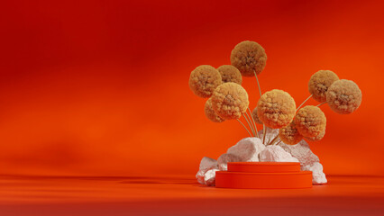 rocks background, 3d rendering mockup template red color curved cylinder podium in landscape