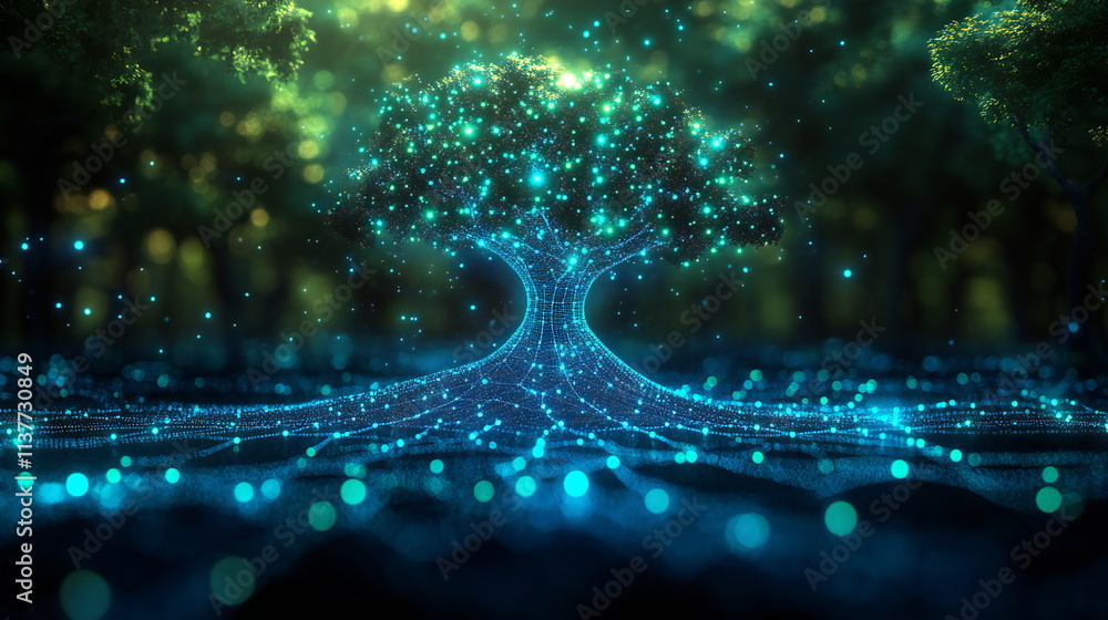 Poster artificial intelligence visualizes a vibrant tree emitting glowing data connections in a serene fore