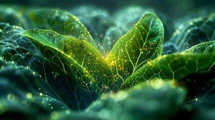 Close-up of Lush Green Leaves with Sparkling Dewdrops and Light