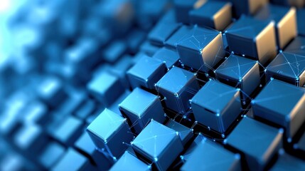 Fototapeta premium A cutting edge abstract 3D render featuring a mesmerizing blue geometric background design filled with interconnected cubes, symbolizing the innovative concept of blockchain technology.