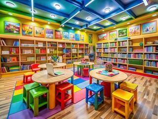 Vibrant Kindergarten & School Library Blurred Background - Colorful Educational Space Photography