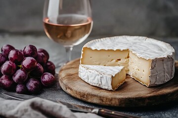 Gourmet cheese and wine arrangement on a wooden board with natural lighting. AI generated illustration