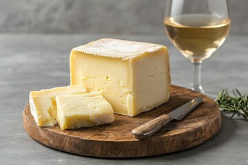 Gourmet cheese and wine arrangement on a wooden board with natural lighting. AI generated illustration