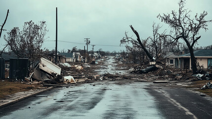 Fototapeta premium Aerial view of coastal town natural disaster after hurricane, storm destruction chaos loss aftermath with uprooted trees, destroyed buildings, and road debris scattered across the landscape