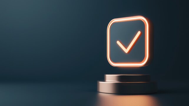 Glowing checkmark icon on a pedestal in a dark background.