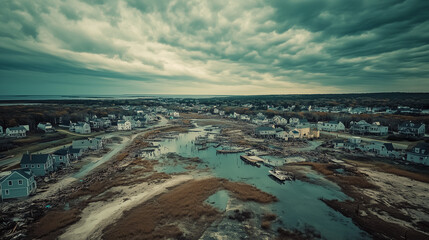 Aerial view of coastal town natural disaster after hurricane, storm destruction chaos loss aftermath with uprooted trees, destroyed buildings, and road debris scattered across the landscape