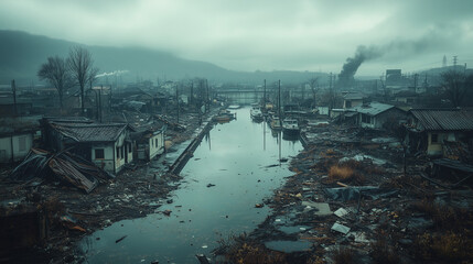 Naklejka premium Aerial view of coastal town natural disaster after hurricane, storm destruction chaos loss aftermath with uprooted trees, destroyed buildings, and road debris scattered across the landscape