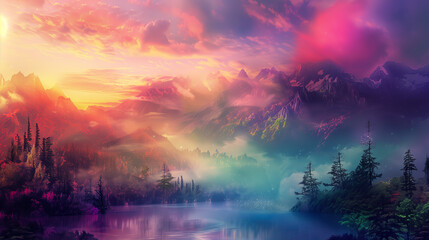 Obraz premium A beautiful landscape with foggy mountains and lake in a colorful nature lights. Perfect for screensavers or interior design.