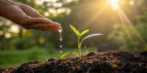 Fototapeta premium Hand Watering Young Green Plant in Soil at Sunrise