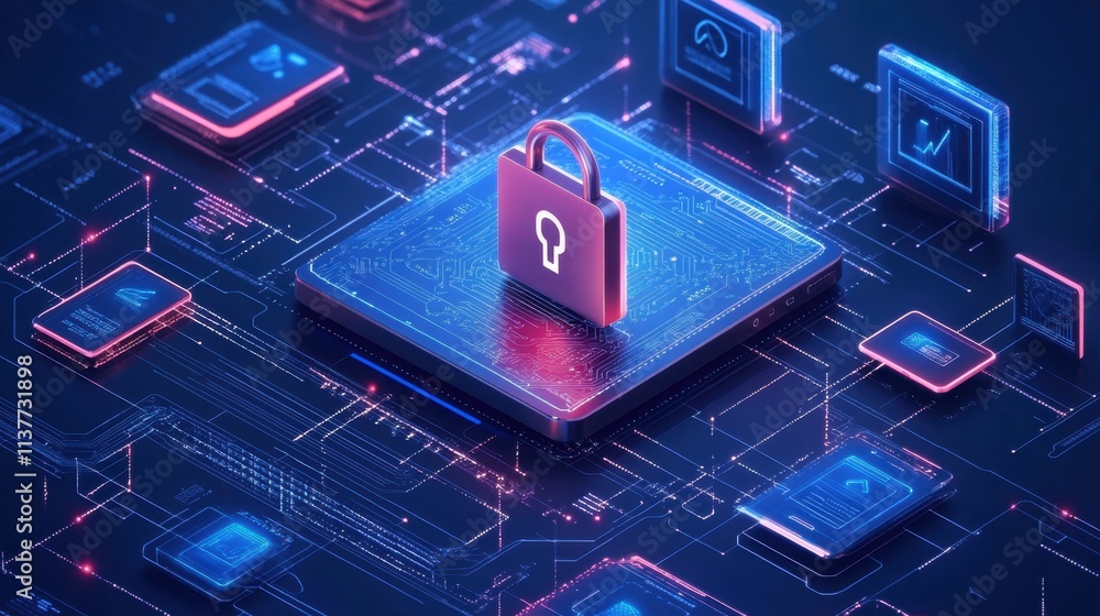 Poster secure digital lock surrounded by technology and data visualization elements