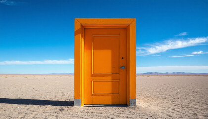 A mysterious orange door stands alone in a vast desert under a blue sky