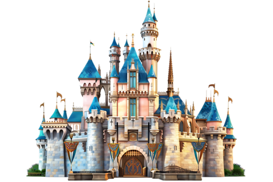 PNG of a 3D cartoon-style fairy tale castle isolated on a transparent background for fantasy or childrens story-themed visuals.