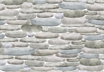 Stone wall, surface element on seamless pattern. Watercolor digital illustration. Gray fence made of different boulders, rocks, pebbles isolated on white background.