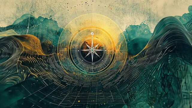 Exploration of abstract art with compass and mountain scenery emphasizing nature's beauty