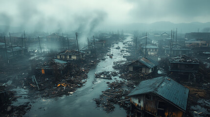 Fototapeta premium Aerial view of coastal town natural disaster after hurricane, storm destruction chaos loss aftermath with uprooted trees, destroyed buildings, and road debris scattered across the landscape