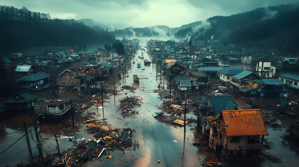 Obraz premium Aerial view of coastal town natural disaster after hurricane, storm destruction chaos loss aftermath with uprooted trees, destroyed buildings, and road debris scattered across the landscape