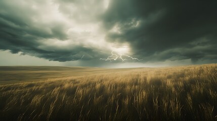 Fototapeta premium A photo of a dramatic thunderstorm rolling over a prairie, with dark clouds, flashes of lightning, and windswept grass.