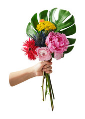 Person holding bouquet png sticker, botanical, transparent background