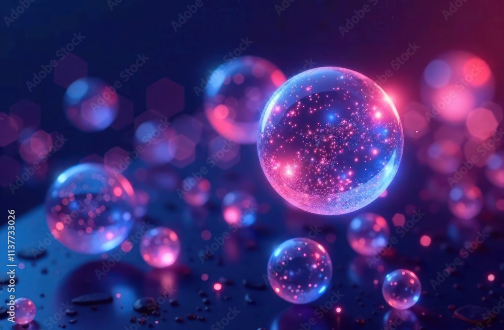 Poster floating glass spheres against gradient abstract dark background with shimmering light reflections a