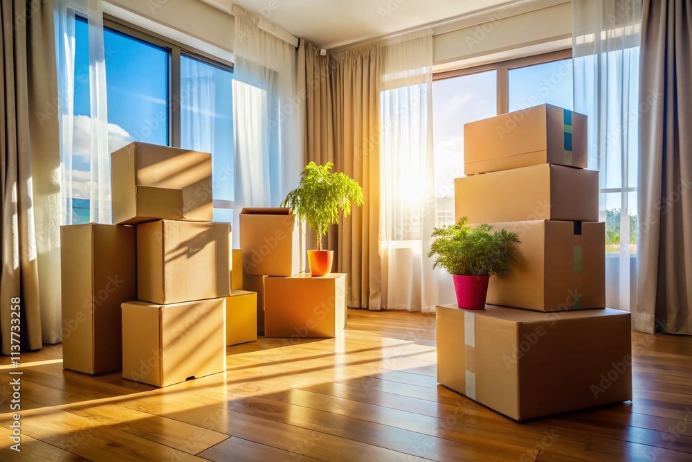 Aufkleber neatly labeled moving boxes in an empty living room with open curtains and daylight pouring in, prep