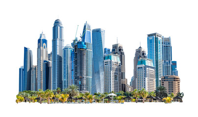 Majestic futuristic skyline of urban downtown skyscrapers, isolated on transparent white