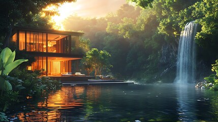 Fototapeta premium A modern luxury villa embraced by vibrant jungle vegetation and cascading waterfalls, large glass windows reflecting the surrounding greenery, warm wooden accents, soft golden hour light,