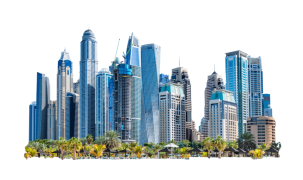 Majestic futuristic skyline of urban downtown skyscrapers, isolated on transparent white - Powered by Adobe