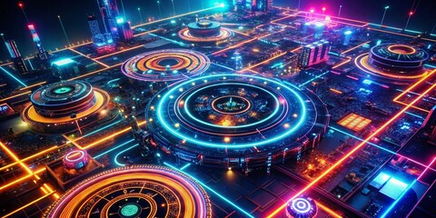 Fototapeta premium Neon Circles Drone Photography Dark Wallpaper - Futuristic Tech Background Image