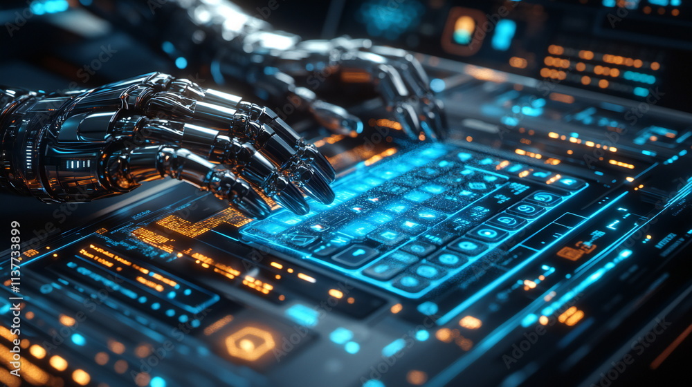 Aufkleber robotic hands engage with a futuristic digital keyboard, symbolizing the rise of artificial intellig