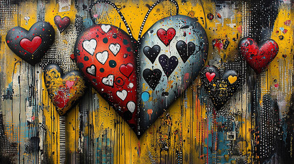   A macro shot of a heart-themed canvas adorning a wood panel with scattered paint residue