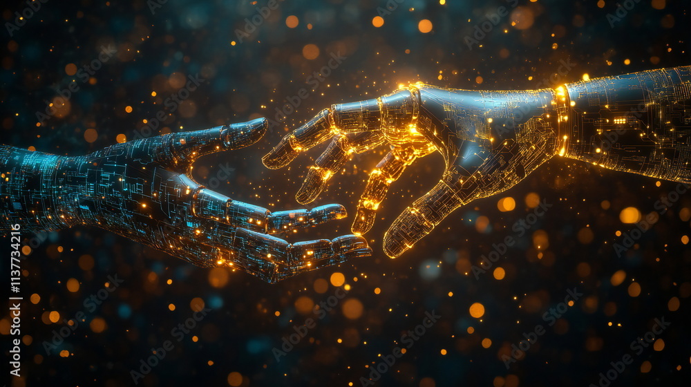 Poster connecting hands of artificial intelligence representing collaboration between humans and technology