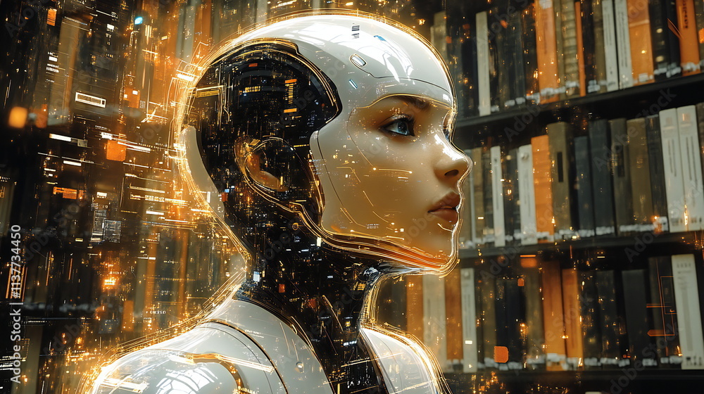Aufkleber artificial intelligence in a futuristic library setting, showcasing a humanoid robot with digital ef