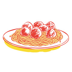 Cartoon spaghetti and meatballs on plate, bold lines.