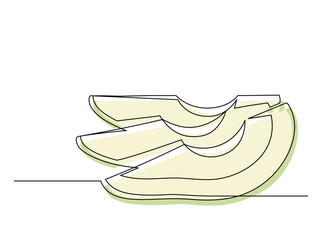 Continuous one line several halves of green avocado isolated on white background. Simple silhouette of fruit. Hand drawn outline of avocado. Vector illustration