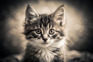 Fototapeta premium Vintage Black and White Kitten Photo: Adorable Tiny Feline Portrait