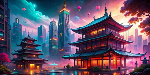 Fototapeta premium Neon Tokyo Tea House: Futuristic Japanese Sci-Fi Cityscape AI Art