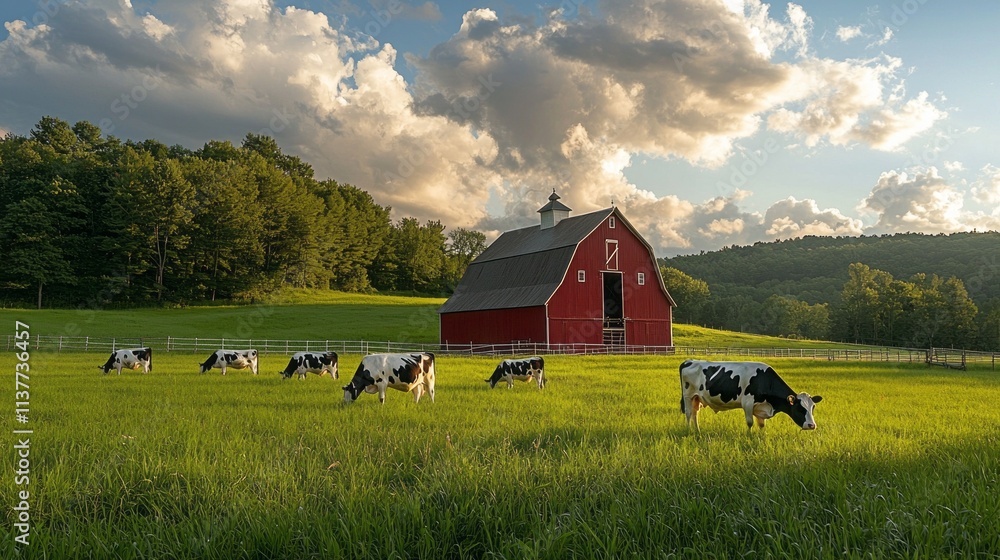 Poster a red barn with cows grazing in a field