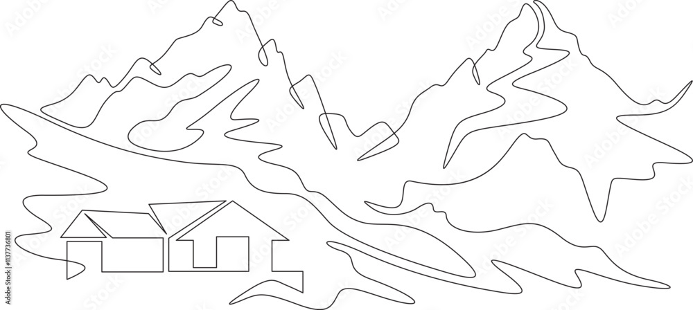 Poster continuous one line drawing small house on a hill. modern house against the backdrop of mountains. m