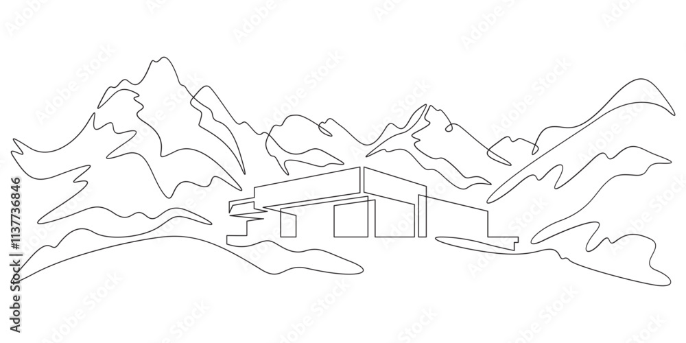 Poster continuous one line drawing small house on a hill. modern house against the backdrop of mountains. m