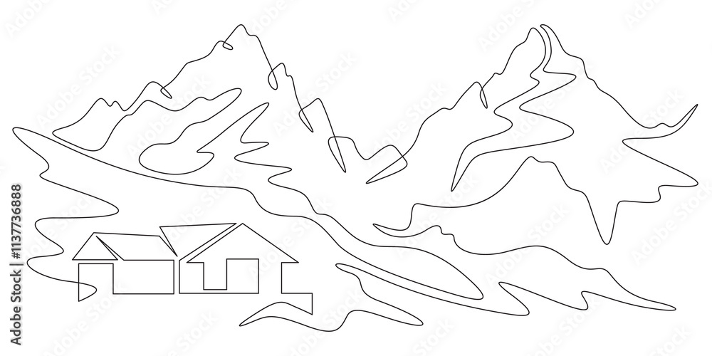 Poster continuous one line drawing small house on a hill. modern house against the backdrop of mountains. m