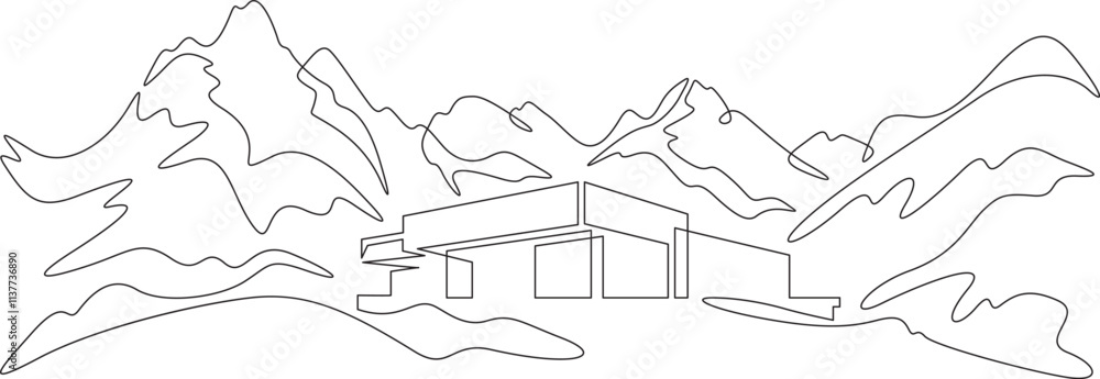 Poster continuous one line drawing small house on a hill. modern house against the backdrop of mountains. m