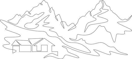 Fototapeta premium Continuous one line drawing small house on a hill. Modern house against the backdrop of mountains. Mountain landscape. Panorama.One continuous line isolated minimal illustration.Not AI.