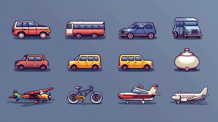 Naklejka premium Create a series of pixel-style transportation icons, featuring cars, bicycles, airplanes, and boats.