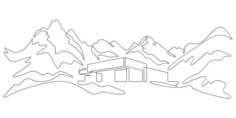 Continuous one line drawing small house on a hill. Modern house against the backdrop of mountains. Mountain landscape. Panorama.One continuous line isolated minimal illustration.Not AI.