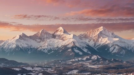 Naklejka premium sunrise over the mountains, A panoramic view of a majestic mountain range blanketed in snow, with soft pink